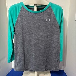 Under Armour Women’s Gray Heather Raglan Top with Teal Sleeves